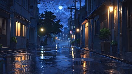 Obraz premium Anime-style artwork of an empty city street at night under the soft glow of the moon