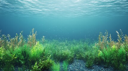 Fototapeta premium A stunning underwater garden featuring various sea plants swaying gently in clear blue water. The vibrant greenery, along with delicate coral and soft light, creates an ethereal and peaceful