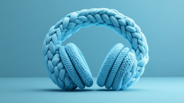 Detailed image of braided knitted headphones in soft light blue, combining style and comfort. Ideal for cozy lifestyle, fashion accessories, or handmade product promotions.. AI Generation