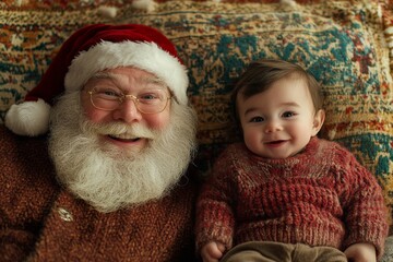 Jolly festive time season, Ñute baby boy joyful with santa claus. Christmas advertising idea...