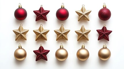 Festive Decorations with Red and Gold Ornaments and Stars