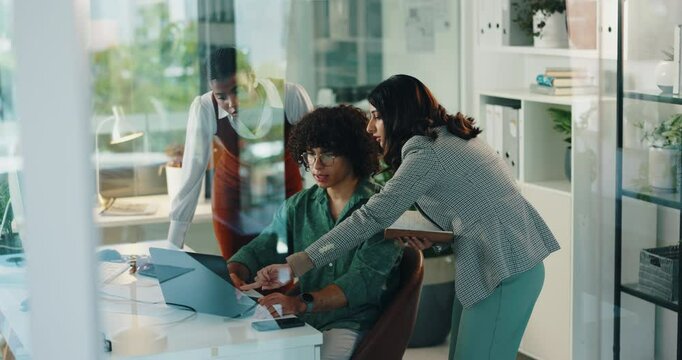 Business people, training intern and group on laptop for help, support and advice in creative startup. Team, coaching and manager on computer for learning, planning and event coordinator by window
