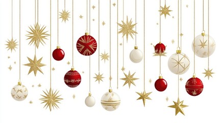 Fototapeta premium Gold and Red Christmas Ornaments with Stars on White Background