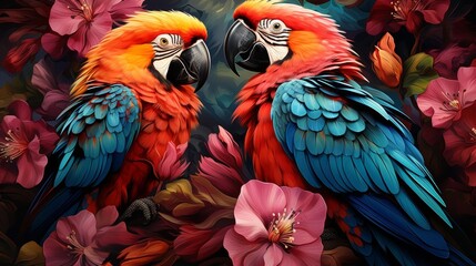 Obraz premium Two colorful parrots are perched on a branch in a flower garden