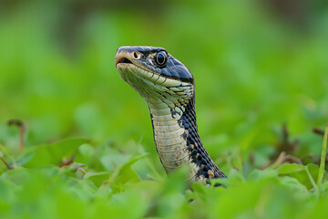 Fototapeta premium Indian cobra standing upright and staring intently at something off camera.