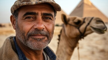 Portrait of an Egyptian Man with Pyramids and Camel in Background