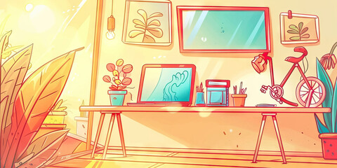 Illustration of a Sunlit Workspace with Desk, Laptops, and Bicycle