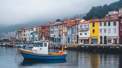 Colorful houses line a misty harbor with a small boat