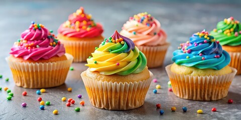 Cupcakes with colorful frosting and sprinkles on top, cupcakes, frosting, sprinkles, tasty, dessert, baked goods
