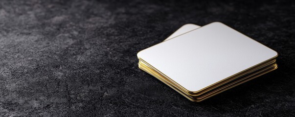 Blank cards with golden edges on dark textured surface for design