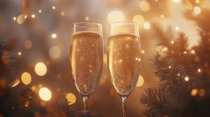 Sparkling Champagne Glasses with Bokeh Lights for Celebration