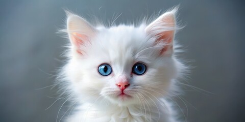 Close-up photo of a fluffy white kitten with bright blue eyes, kitten, cat, close-up, fluffy, white, domestic, pet, eyes, adorable