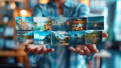 Hand Holding Floating Images of Tropical Landscapes