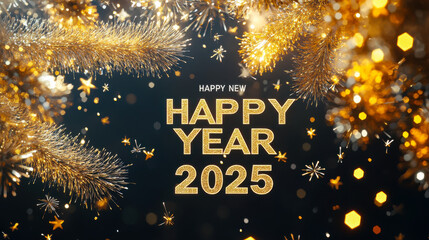 Black Minimalist Happy New Year 2025 Design Greetings Card.