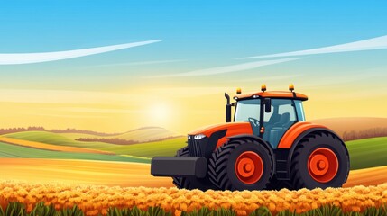Fototapeta premium Bright Orange Tractor in Field During Sunrise with Golden Flowers and Rolling Hills in Background