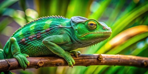 Obraz premium A large green chameleon crawling on a branch in a zoo, chameleon, reptile, green, slow, branch, animal, wildlife, camouflage