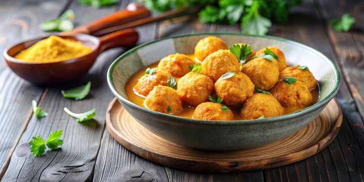 Curry fish balls served in a bowl, Curry, fish balls, street food, Asian cuisine, Hong Kong, traditional, spicy, flavorful, appetizer