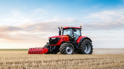 Fototapeta premium Vibrant Red Tractor Working on Agricultural Field Under Blue Sky with Wispy Clouds in Sunset Light