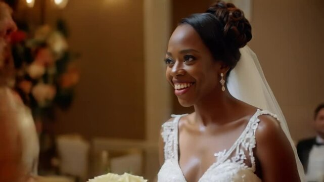 Black bride talking to guests at her wedding