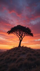 Fototapeta premium A solitary tree stands tall on a windswept hill