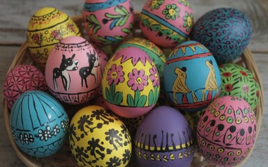 Colorful Hand-Painted Easter Eggs in a Basket with Artistic Cultural Designs