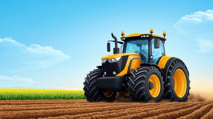 Obraz premium Bright Yellow Tractor on Farm Field with Clear Sky and Green Crops in Background for Agricultural Use