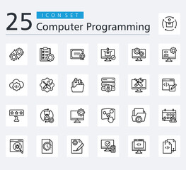 COMPUTER PROGRAMMING ICON SET OUTLINE STYLE with product release, integration, task list, certified, deployment, operating system, computer programming, cloud coding, developer and transfer data