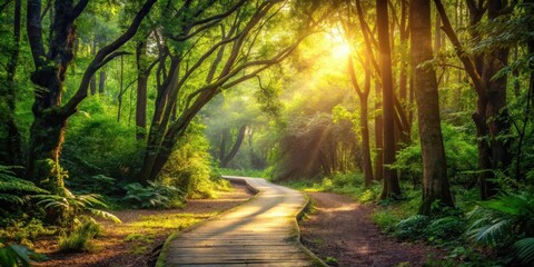 Obraz premium Sunlit pathway meandering through lush forest setting, sunlight, pathway, winding, vibrant green, forest, nature, summer