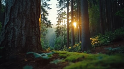 Obraz premium Serene Sunrise Illuminates Misty Forest Path with Tall Trees and Lush Green Underbrush in Tranquil Nature Scene