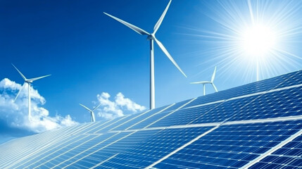 Solar panels and wind turbines generating electricity is solar energy