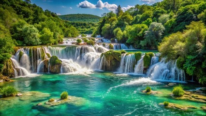 Fototapeta premium Krka Waterfalls with turquoise water, surrounded by lush greenery , Krka National Park, Croatia, scenic