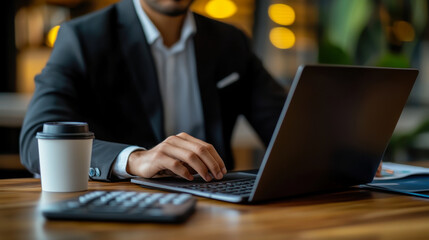 Successful businessman working behind a laptop in a cafe