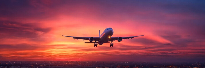 Airplane is flying in colorful sky over city at night. Landscape