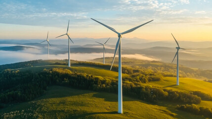 Obraz premium Panoramic view of wind farm or wind park, with high wind turbines for generation electricity
