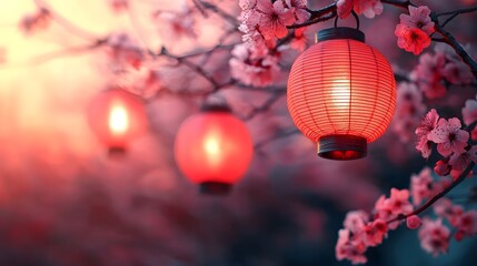 Obraz premium Cultural Celebration of Lanterns Cherry Blossom Park Photography Serene Evening Aesthetic View Vibrant Atmosphere