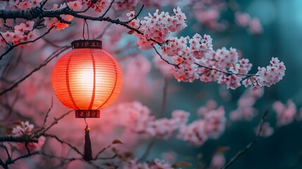 Illuminated Lanterns Among Cherry Blossoms Japanese Garden Photography Serene Atmosphere Close-Up View Cultural Beauty