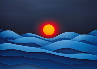 Surreal yellow sun rising over deep blue desert dunes, red sun center