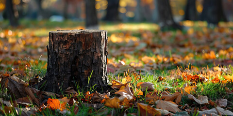 Tree Stump and Autumn Leaves in Grass