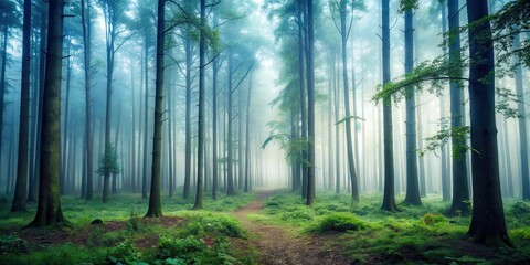 Naklejka premium Mysterious forest with dense fog and tall trees, nature, mist, woods, eerie, atmosphere, mystical, foggy, trees, forest, dark