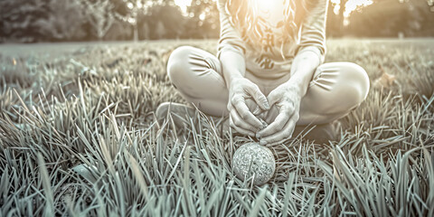 Person Seated in Grass with Spherical Object