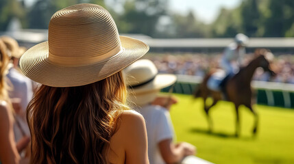 Woman in wide-brimmed hat watching horse race at equestrian event. Outdoor photography with green field and crowd in background. Horse racing and summer leisure concept for banners and posters
