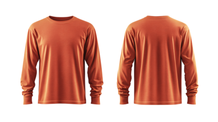 Orange long sleeve plain t-shirt mockup, with front and back views, isolated on white and transparent background.