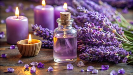 Obraz na płótnie Canvas Glass bottle of lavender essential oil surrounded by lavender flowers, candles, and amethyst crystals , aromatherapy