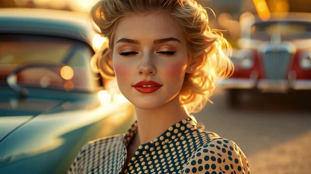 Golden Hour Glamour: A vintage-inspired portrait of a captivating blonde woman with bold red lips, bathed in the warm glow of a setting sun.