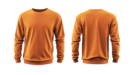 Orange long sleeve plain t-shirt mockup, with front and back views, isolated on white and transparent background.