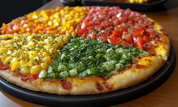 A colorful pizza divided into four sections with various toppings.