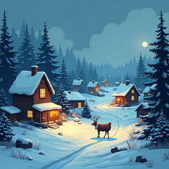 snowy village with warmly lit houses, Christmas trees, and reindeer, high quality, 4K, ready to add your text