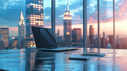 Laptop and Notebook in a Modern Office with a City View