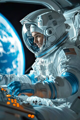 astronaut in a futuristic spacecraft, focused on a control pane