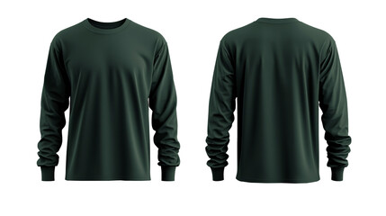 Green long sleeve plain t-shirt mockup, with front and back views, isolated on transparent...